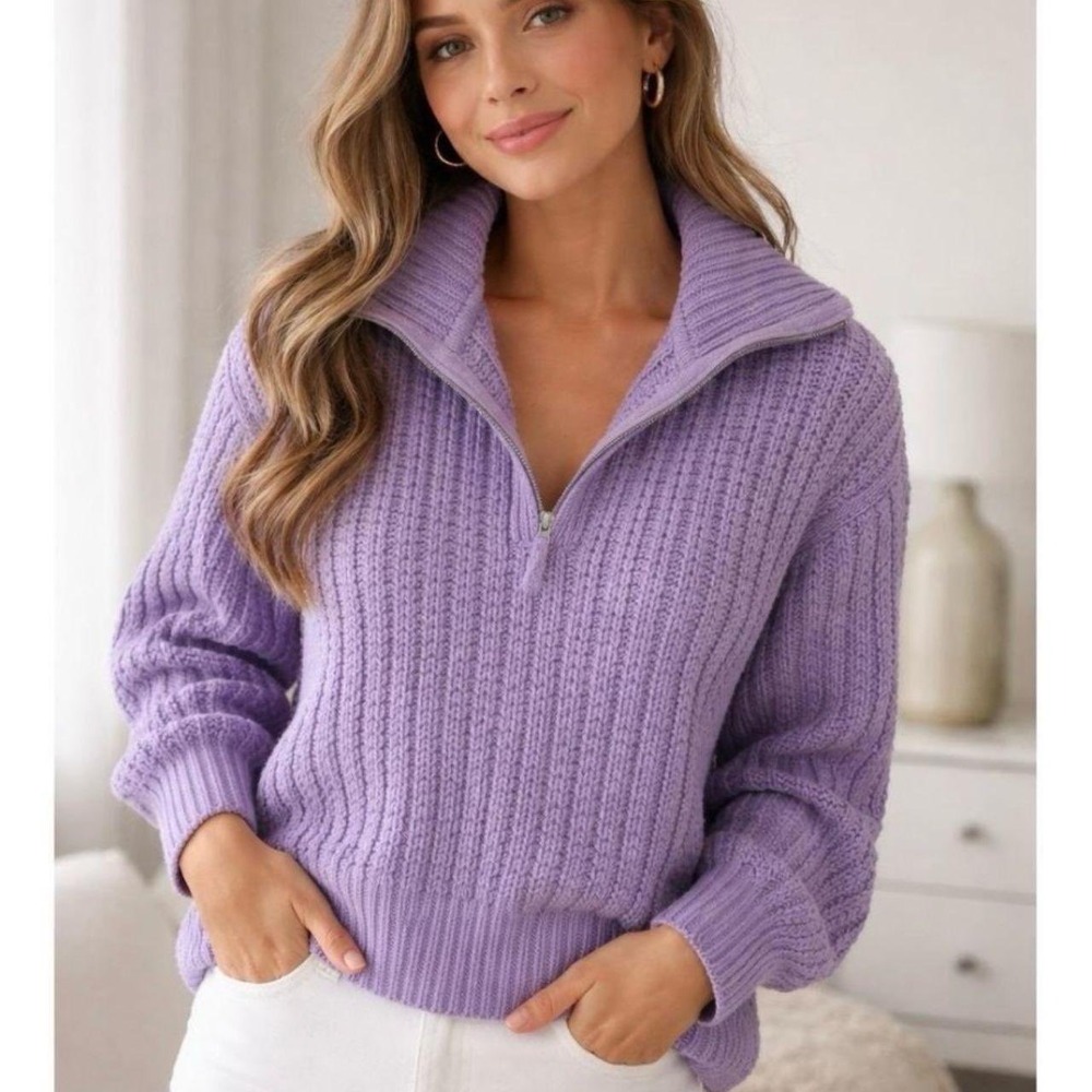Aerie Pullover Sweater Womens M Purple Chenille Cable Knit Quarter Zip Cozy